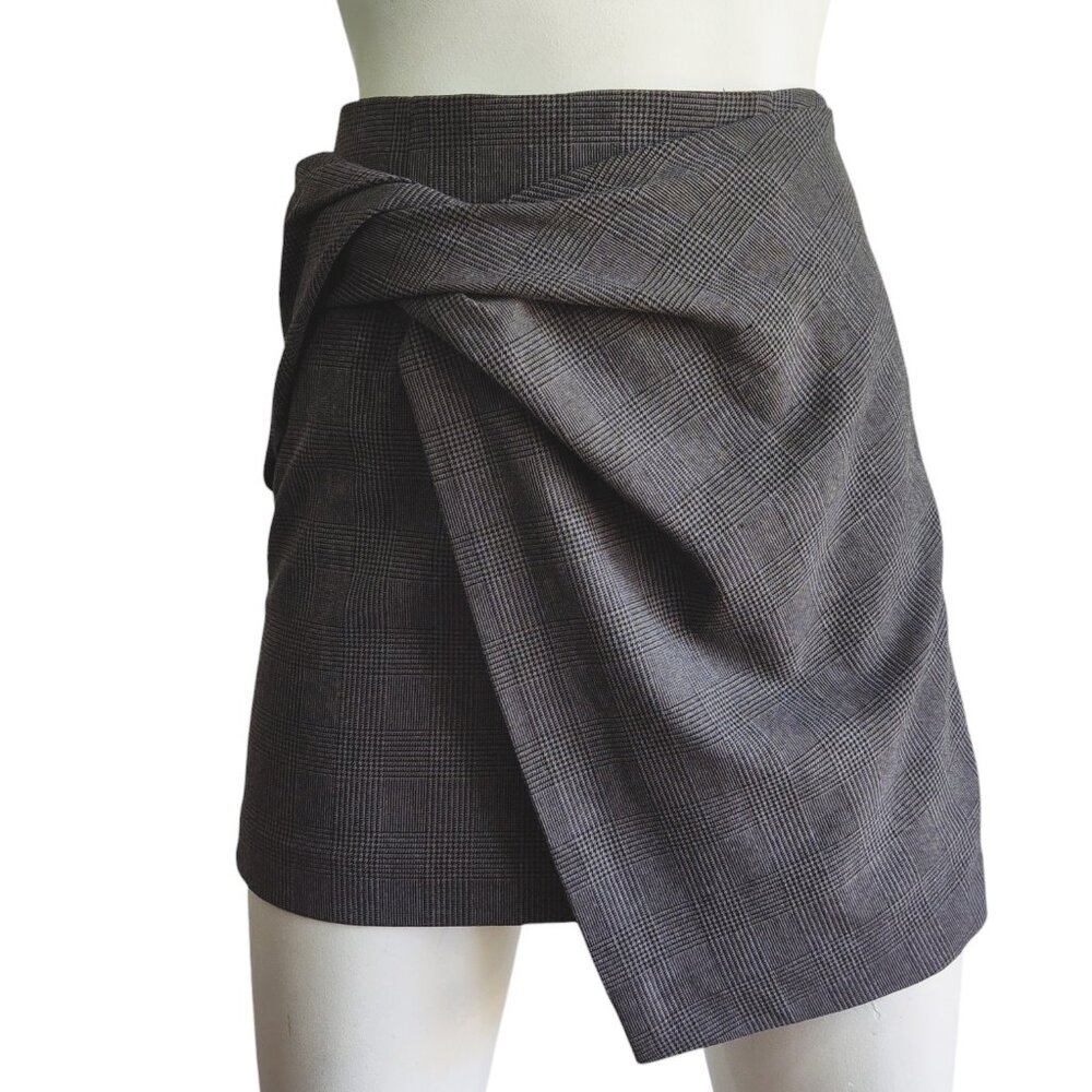 BABATON Jethro Dark Academia Twist Front Plaid Faux Wrap Stretch Mini Skirt 0 XS